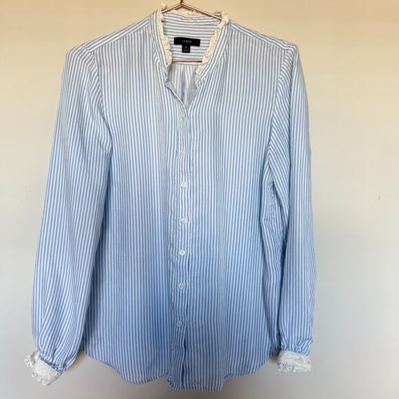 J.Crew Womens Top Medium Blue Stripes Drapey Cupro Blend Ruffle Trim Office Prep - Picture 3 of 9